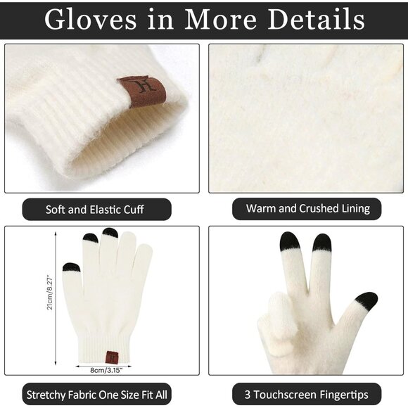 Women's White Warm Knit Beanie Hat Touchscreen Gloves Long Neck Scarf Set - Picture 3 of 7